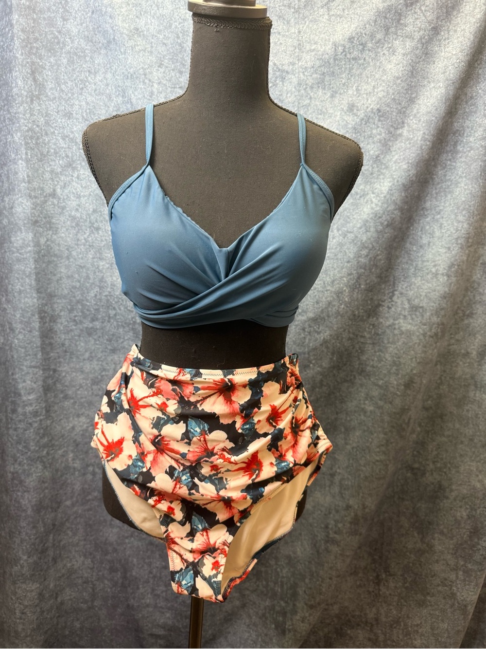 Amazon Blue Wrap Bikini Top with Floral High-Waist Bottom